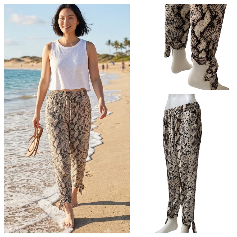 Veronica M Snakeskin Print Joggers Ankle Tie Pants Safari Beach Large Made USA